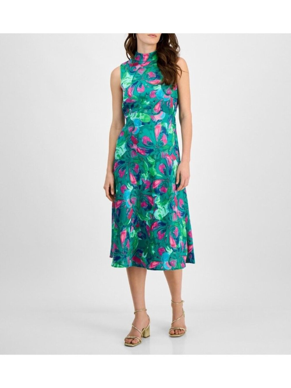 Tahari ASL Women Rose Print Sleeveless Mock Neck MIDI Dress Jade Rose Size 8 NWT